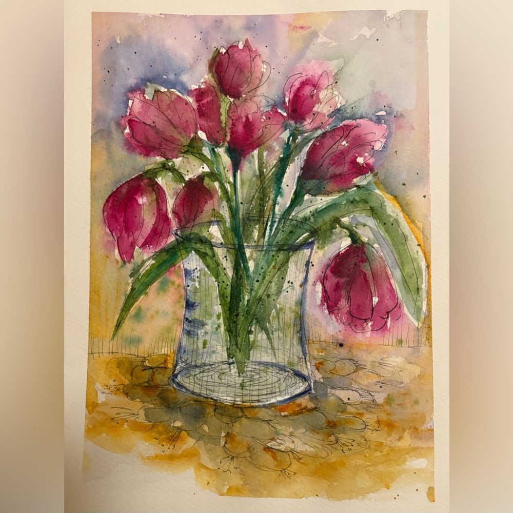 Original pink tulip watercolor painting 9”x12”